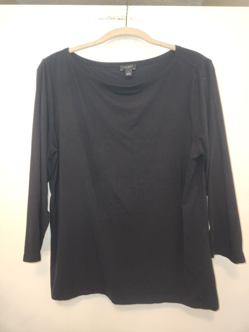 Ann Taylor Factory Black Long-Sleeve Scoop Neck Top L Wardrobe Basic Timeless